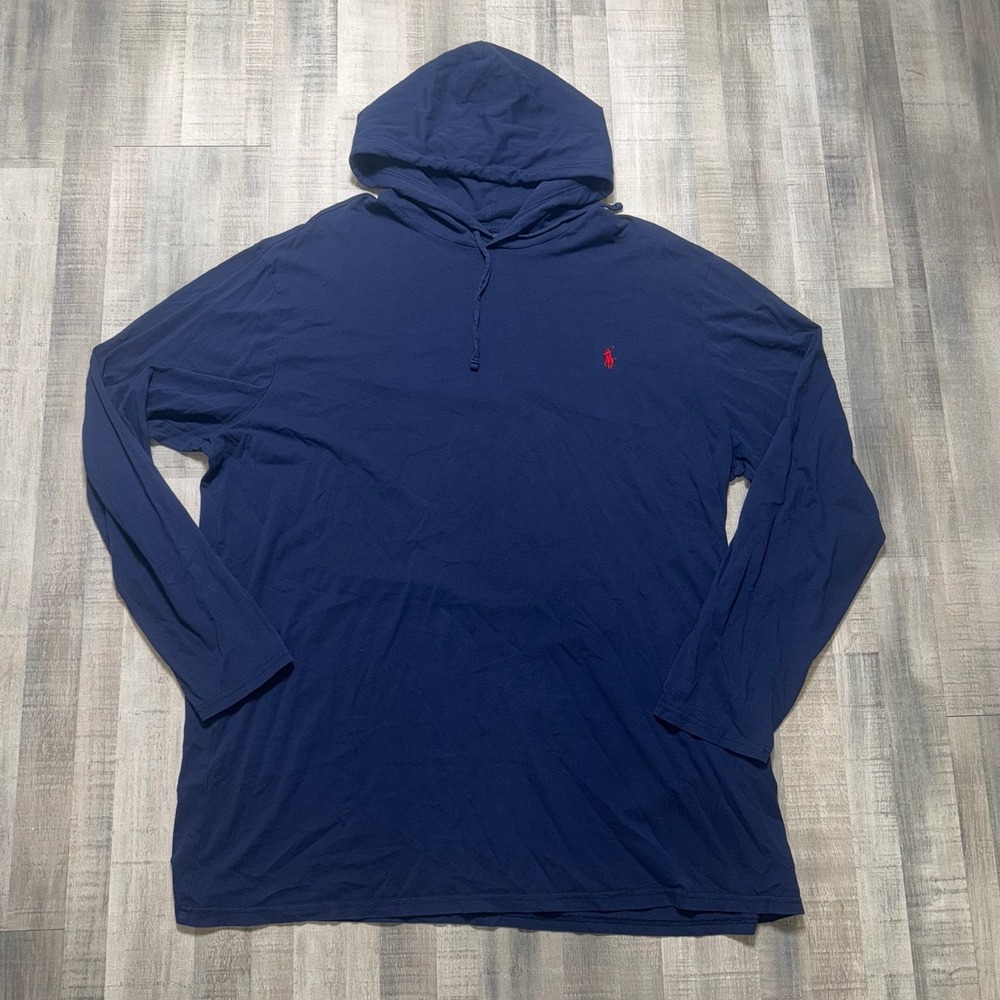 Polo Ralph Lauren Hooded T-Shirt Men 2XLT Navy Blue Hoodie Cotton Jersey Pony